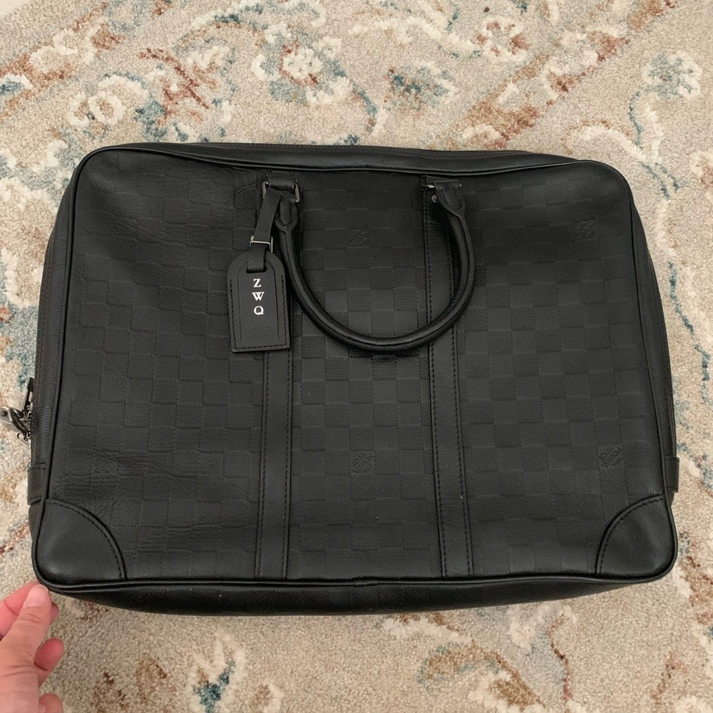 Louis Vuitton Black Briefcase with Textured Fabric and Zipper Closure